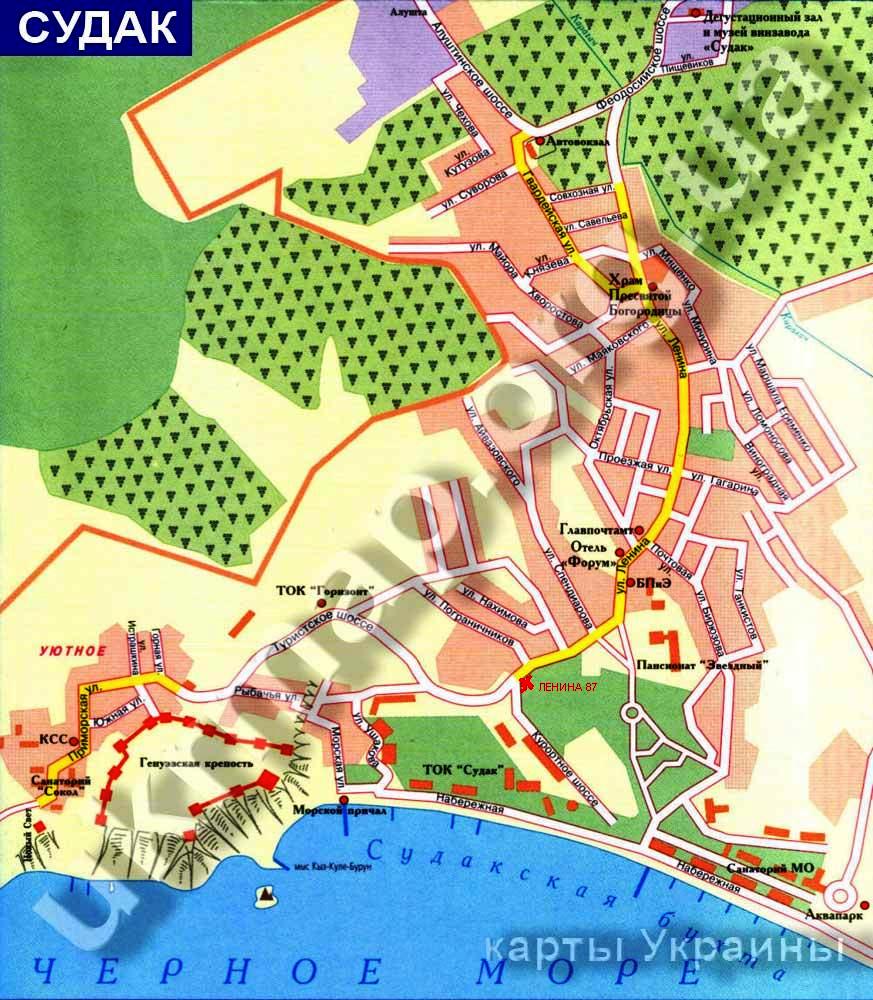 Карта Судака с местом отдыха. обозначено красным крестиком на ул. Ленина